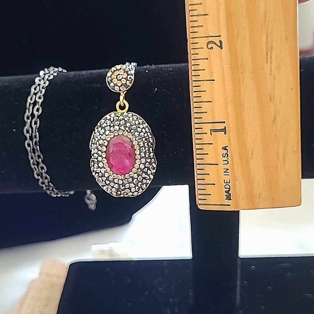Genuine Oval Ruby Swarovski black & gold crystals YG handmade pendant necklace